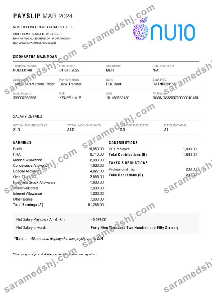 NU10 Technologies India payslip template in Word and PDF formats.pdf, 1